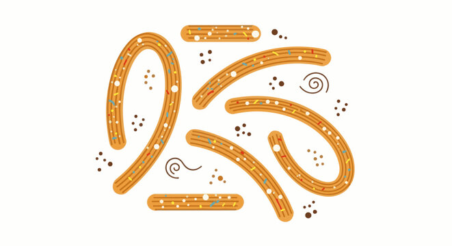 Playful abstract pattern of churros with colorful sprinkles scattered around