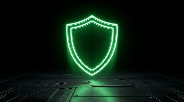 Perisai Neon Hijau Melambangkan Keamanan Digital dan Perlindungan Data di Masa Depan