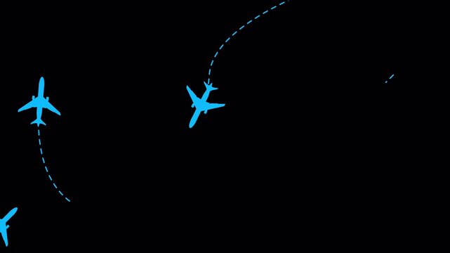Animation of cargo and passenger aircraft flying along various trajectories or routes, indicated by dotted lines, on a transparent background. Air travel animation.