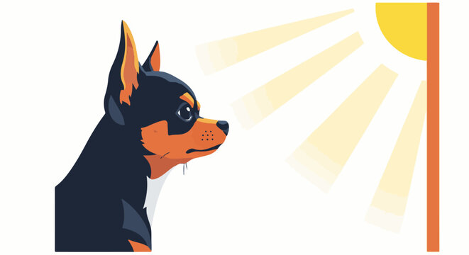 Small dog looking at bright sun rays emanating from a pole