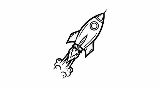 Stylized black and white drawing of a rocket blasting off with exhaust