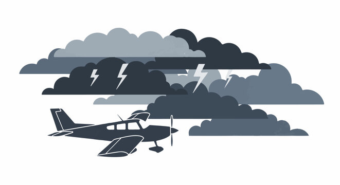 Small plane flying into a dark storm with lightning strikes