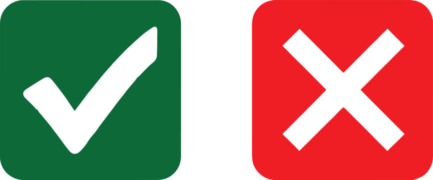 Green check mark and red cross sign icons for true or false choice and survey feedback validation design elements Vector