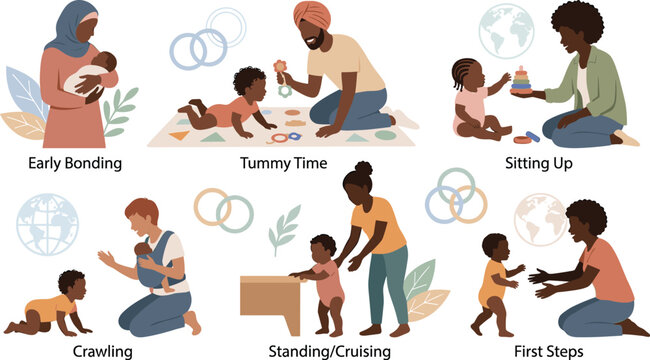 Diverse multicultural family celebrating infant milestones infographic vector illustration showing early bonding tummy time crawling and first steps