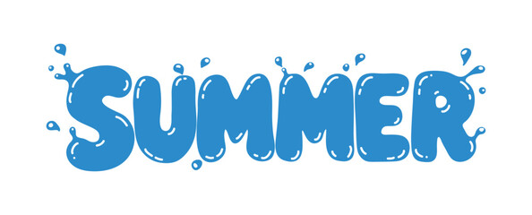 "Summer" word typography in a glossy blue bubble font with fresh water splashes and liquid droplets, isolated on a clean white background. Perfect for seasonal design and pool party graphics. © Tuesday04