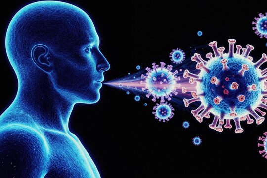 Human exhales virus particles. Scientific visualization shows disease transmission from breath. Microbes spread in air, depicting infection risk and respiratory illness. Health awareness concept.