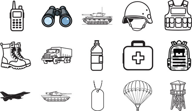 A collection of black and white icons depicts military equipment and supplies, including a walkie-talkie, binoculars, tank, helmet, body armor, boots, truck, water bottle, medical kit, backpack.