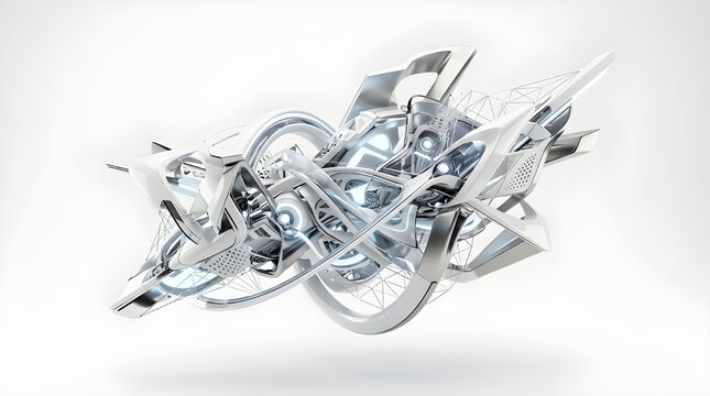 Intricate Sci-Fi Mecha Engine Component with Sharp White Armor Metallic Plates Wire Grid Textures and Glowing Blue Power Lights Abstract Futuristic Technology Art