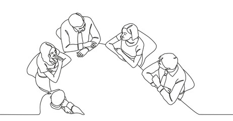 Drawing lines art group of business people having a meeting, discussion around conference table isolated on transparent background © Somkiat