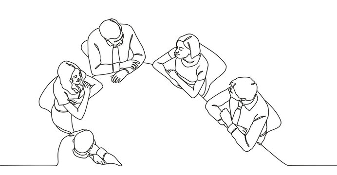 Drawing lines art group of business people having a meeting, discussion around conference table isolated on transparent background