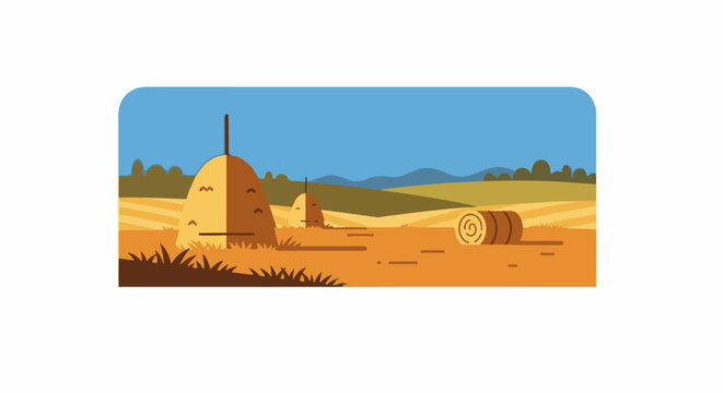 Stylized flat illustration of a harvested field with haystacks and a rolled bale