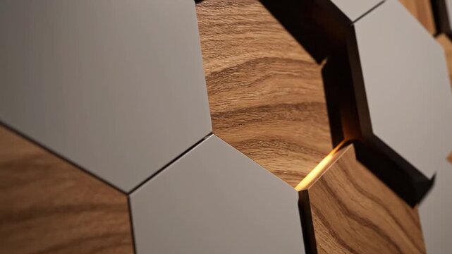A seamless geometric pattern featuring light gray polygonal panels arranged in a modern architectural interior design with soft ambient lighting and subtle depth shadows.