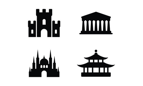 Castle ancient temple mosque and oriental pagoda building icons.