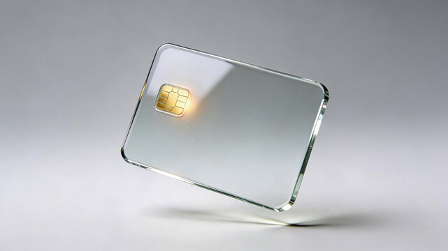 A minimalist, transparent glass credit card with a gold EMV chip floating against a clean grey background, symbolizing futuristic finance.