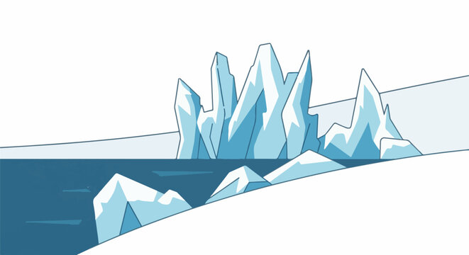 Stark ice formations rise from dark, choppy water under a white sky