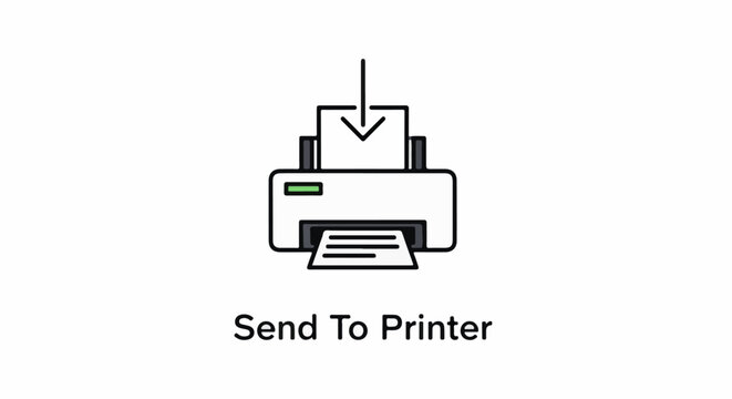 Simple line art icon of a printer receiving paper with text below