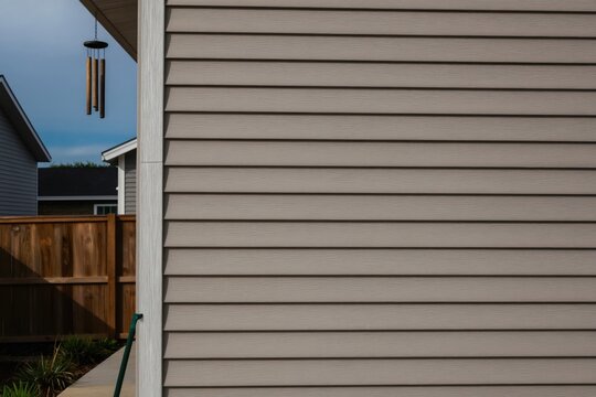 Neutral toned vinyl siding covers house exterior wall. Horizontal panels create clean lined facade detail. Neighboring houses and wooden fence visible.