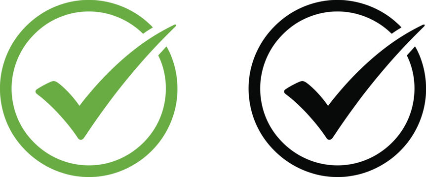 Green and black check mark circle icons for approved tasks and correct choices on a simple flat graphic design style Vector