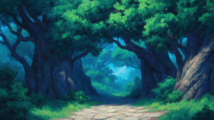 Fototapeta premium Ancient tree fantasy forest enchanted woodland forest path green foliage magical landscape mystical nature scene serene atmosphere