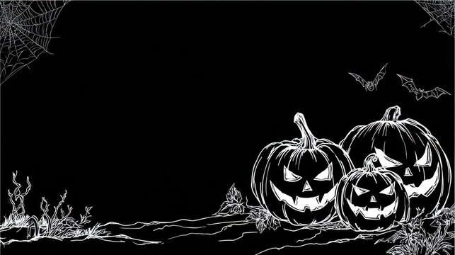 Spooky Halloween Pumpkins in Black Background with Bats and Cobwebs