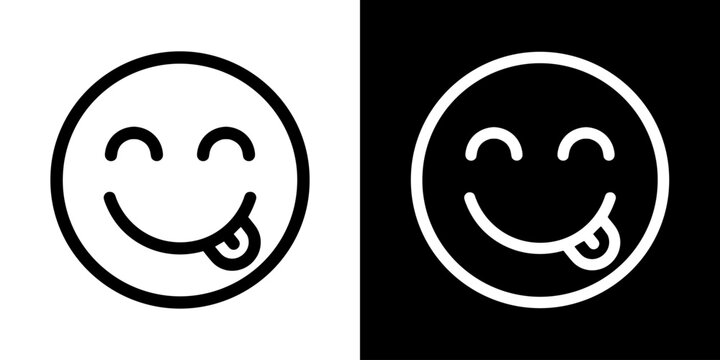 Yummy smile emoji icon concept in flat black and white style on clean background vector illustration design	
