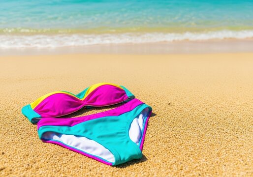A bright colorful two-piece bikini swimwear set resting on golden tropical sand near clear blue ocean water for a summer vacation scene, fabric, leisure, elastic