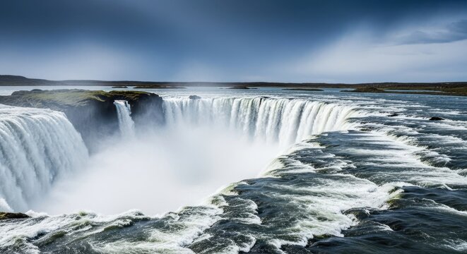 A massive, churning flood waterfall cascades over cliffs during a torrential rainstorm, showing the raw power of nature and extreme deluge, energy, cliff, white
