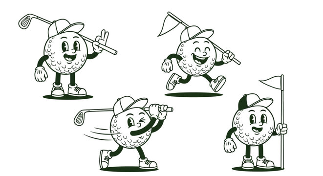 A collection of vintage-style golf ball characters in various poses, playing golf, swinging a club, and running with a flag. Retro cartoon mascot illustration.