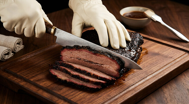 Damascus steel chef's knife to slice a perfectly smoked beef brisket on a dark walnut cutting board, showcasing the rich bark and smoke ring.