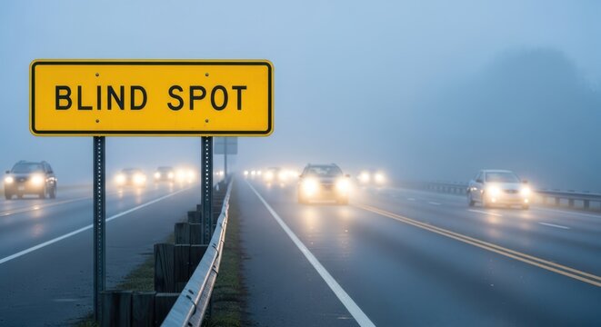Blind spot warning highway traffic caution in dense fog road safety concept