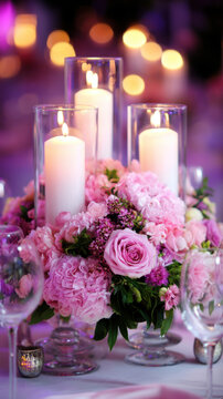 Elegant wedding table decoration flower candle centerpiece rose glass cylinder romantic pink banquet bokeh floral arrangement with glowing