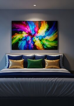 Cozy bedroom interior in a luxury guesthouse setup, featuring a large, comfortable bed with fresh linens and decorative pillows, blanket, mattress, sleeping