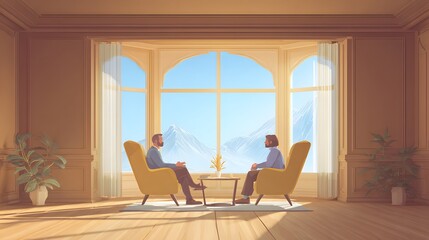 Fototapeta premium Two people in a calm minimalist room during a coaching session. Professional mentor and client discussing career goals. Supportive environment for mental health and business consultation.