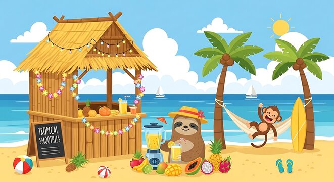 Sloth on beach with hut toys.