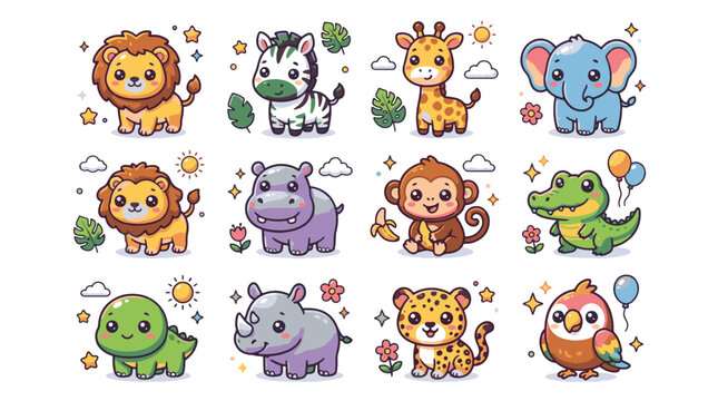Colorful cartoon zoo animals stickers in whimsical style with bright vibrant lighting on white background for kids party decoration