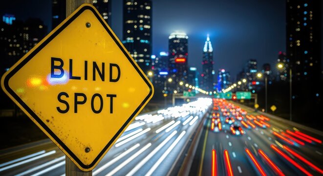 Blind spot warning caution road sign with city traffic at night driver safety concept
