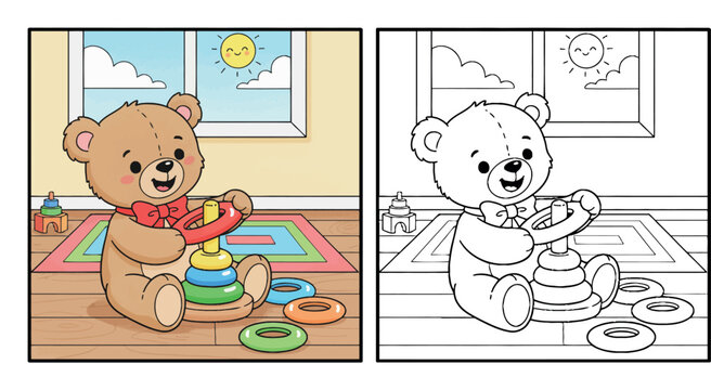 Adorable Cartoon Teddy Bear Playing with Stacking Rings Indoors on a Sunny Day