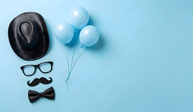 Father's day celebration layout with hat glasses bowtie and balloons on light blue