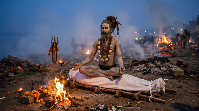 Aghori Sadhu Sitting in Meditation at 
Cremation Ghat During Blue Hour, Varanasi 
Hindu Ascetic Spiritual Night Art