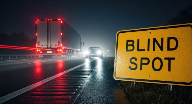 Blind spot warning caution road sign with semi truck traffic highway safety concept