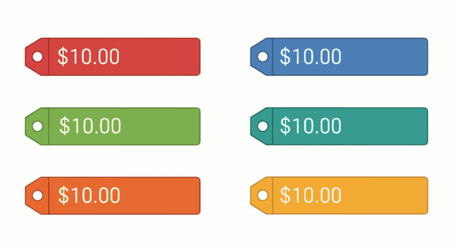 Six flat design price tags, each displaying "$10.00" in a different color