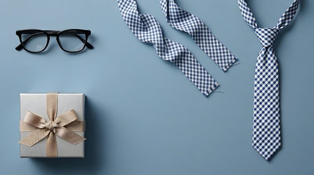 Father's day gift concept with tie glasses and present on blue background
