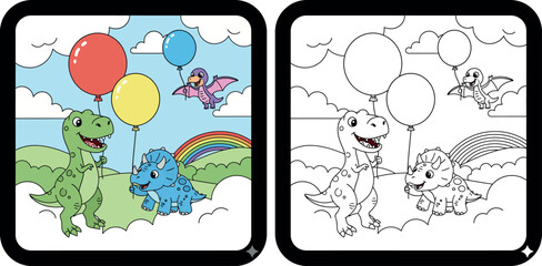 Cute cartoon dinosaurs holding colorful balloons in a sunny landscape with rainbow, cheerful kids illustration © Dewan