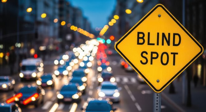 Blind spot warning urban traffic safety sign caution for drivers and road awareness