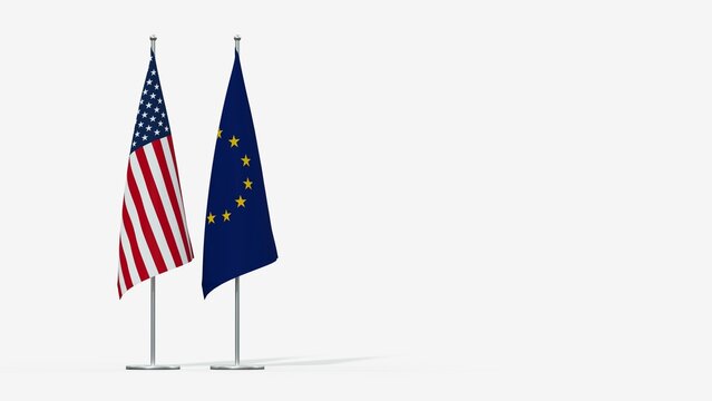 United States and European Union flags on metal stands isolated on white background - 3d rendering