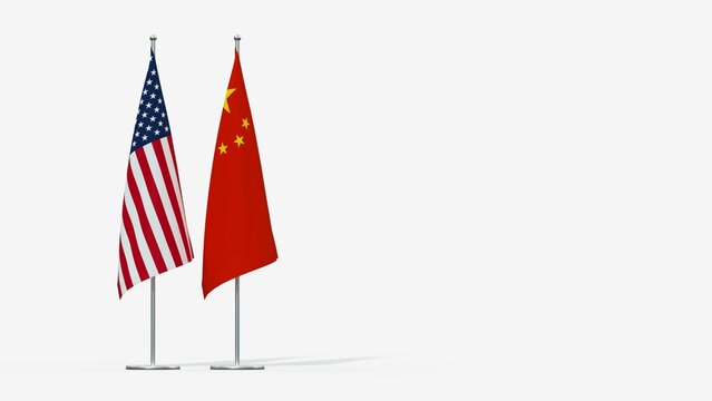 United States and China flags on metal stands isolated on white background