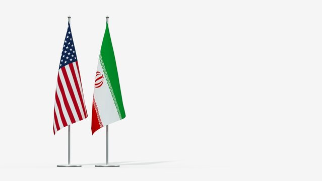 United States and Iran flags on metal stands isolated on white background with copy space