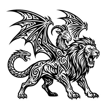 Tribal chimera beast illustration with lion head, dragon wings and serpent tail in black and white line art style