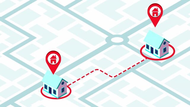 Animated Route Map with Two House Locations on City Map