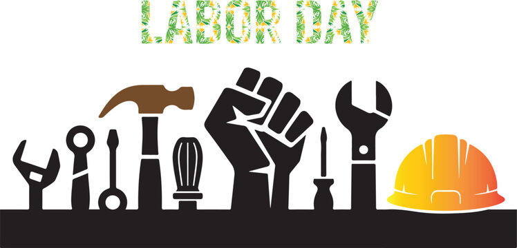 Labor day with tools, raised fist, and hard hat silhouette